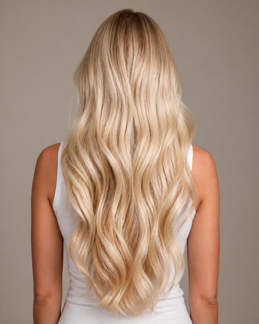 Chevelure blonde longue et très dense après pose