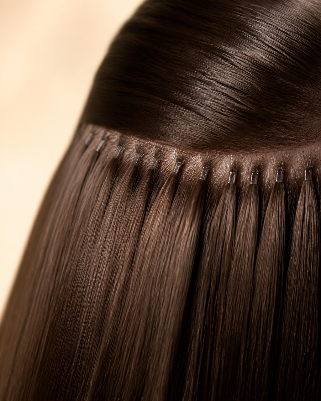 Détail d'un rang d'extensions posées à la racine sur cheveux bruns